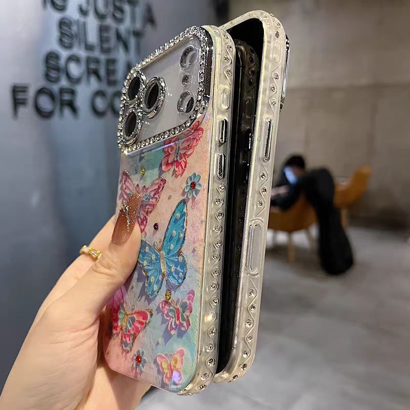 Phim ống kính lấp lánh / Vỏ cứng bướm đầy màu sắc tương thích cho iPhone 13 14 pro max 15 pro max 16 pro max 17 Pro max