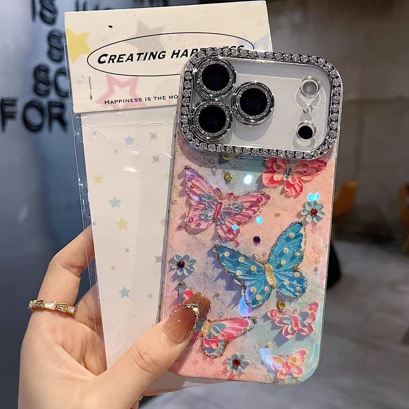 Phim ống kính lấp lánh / Vỏ cứng bướm đầy màu sắc tương thích cho iPhone 13 14 pro max 15 pro max 16 pro max 17 Pro max