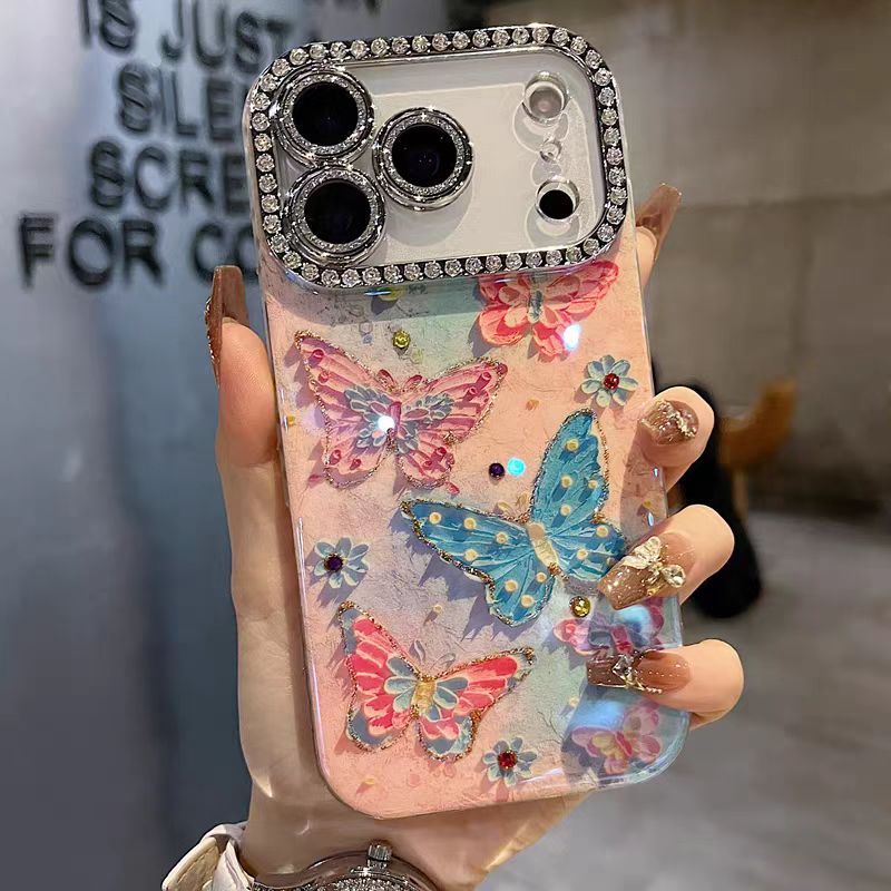Phim ống kính lấp lánh / Vỏ cứng bướm đầy màu sắc tương thích cho iPhone 13 14 pro max 15 pro max 16 pro max 17 Pro max