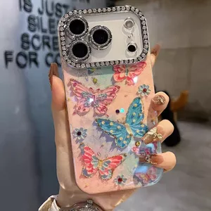 Phim ống kính lấp lánh / Vỏ cứng bướm đầy màu sắc tương thích cho iPhone 13 14 pro max 15 pro max 16 pro max 17 Pro max