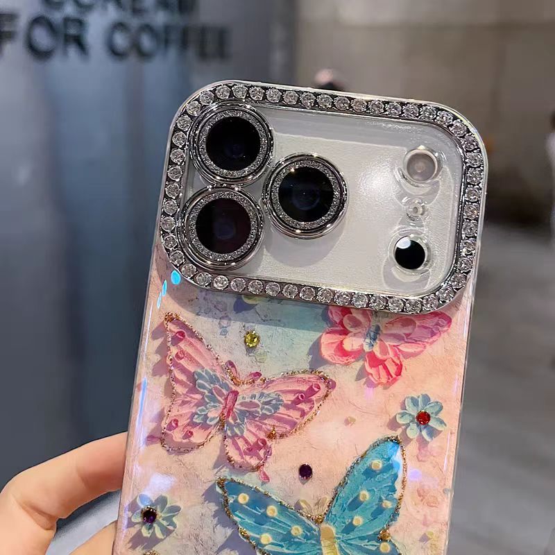 Phim ống kính lấp lánh / Vỏ cứng bướm đầy màu sắc tương thích cho iPhone 13 14 pro max 15 pro max 16 pro max 17 Pro max