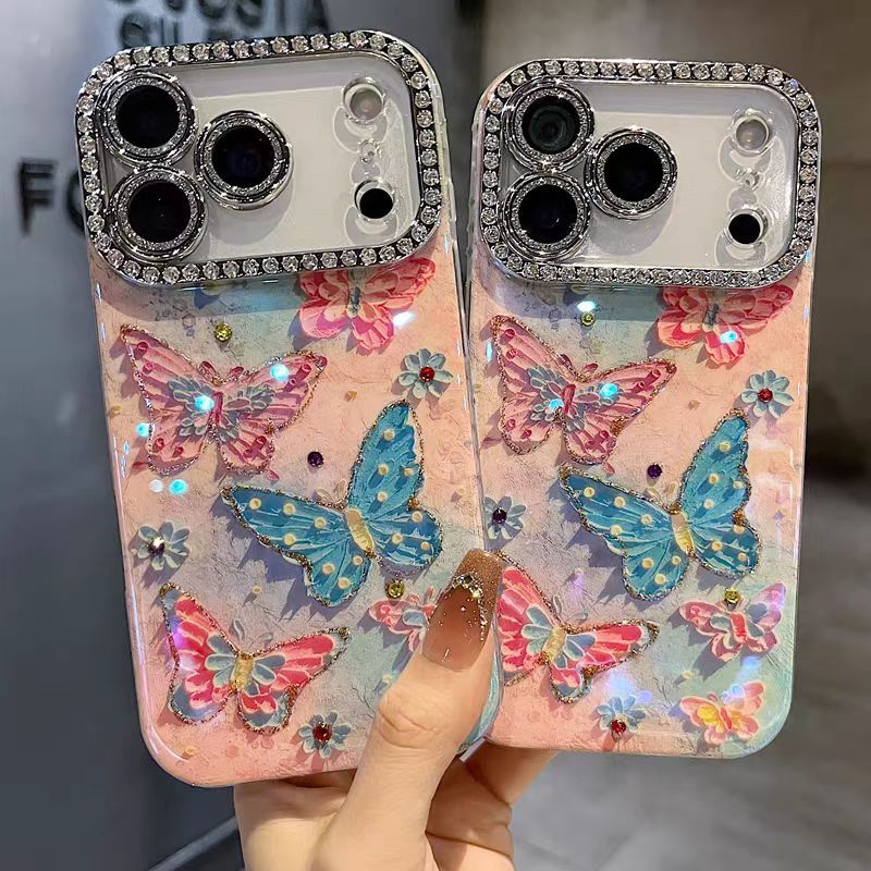 Phim ống kính lấp lánh / Vỏ cứng bướm đầy màu sắc tương thích cho iPhone 13 14 pro max 15 pro max 16 pro max 17 Pro max