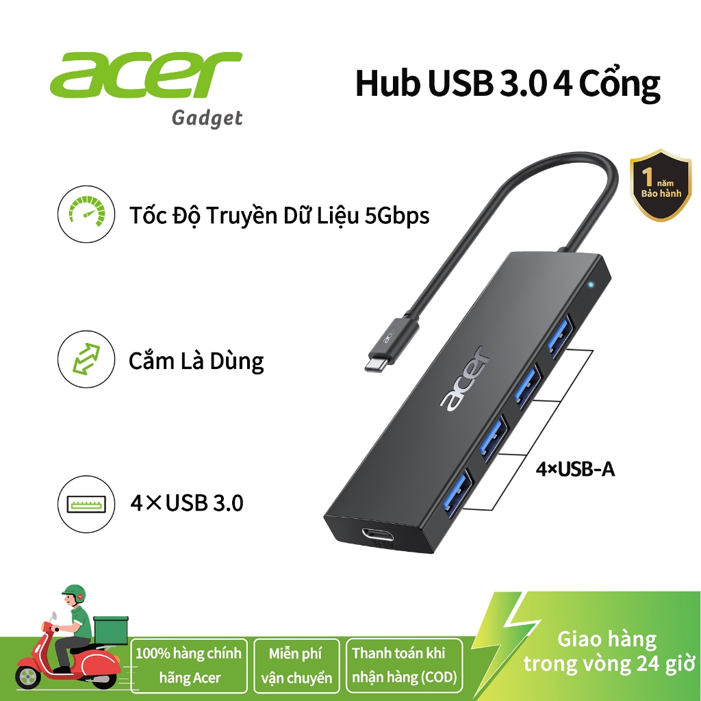 Acer USB C Hub 4 Cổng, Nhiều Hub USB 3.0, Bộ Chia USB Có Cổng Nguồn Loại C Cho Laptop, Chuột, Bàn Phím, Bộ Mở Rộng Cho Laptop, PC, Máy Tính Để Bàn, PS5