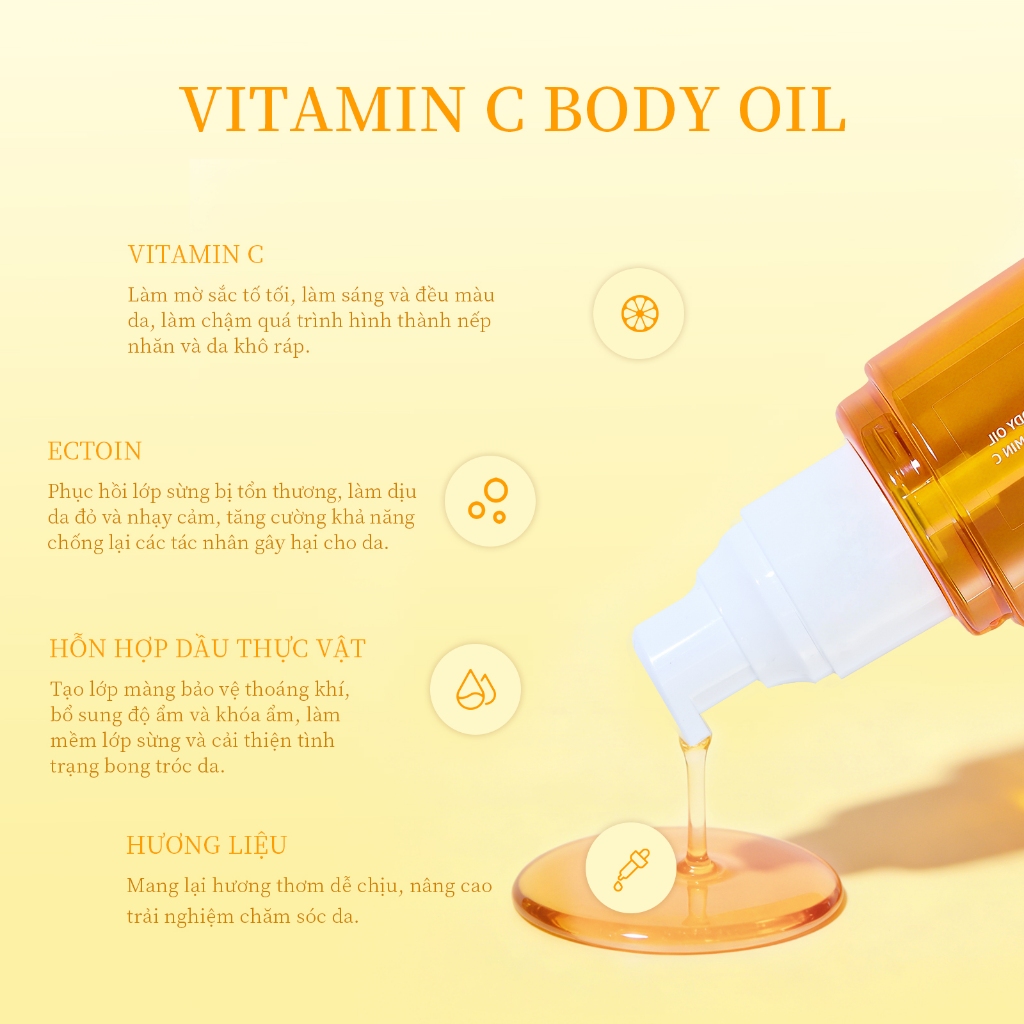 Body Oil Dầu dưỡng thể Vitamin C 120ml,Làm săn chắc da,làm sáng da,làm mờ nếp nhăn,thấm nhanh.