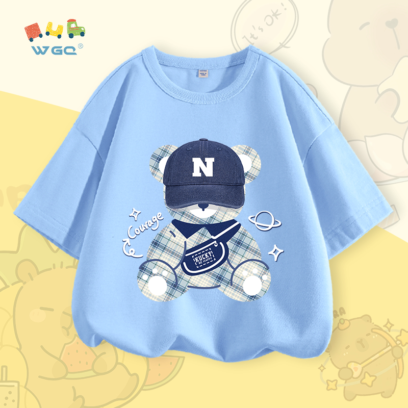 W.G.Q Áo thun bé trai , vải 100% Cotton mềm mại thoải mái , thoáng khí thấm mồ hôi in hình gấu