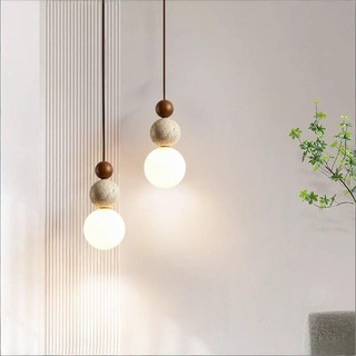 AIMI Đèn Chùm Travertine Màu Vàng Tự Nhiên Wabi Cho Phòng Ngủ Đầu Giường Phòng Khách Nhà Bếp Phòng Ăn Đèn Treo Hình Cầu Gỗ Bóng Đá