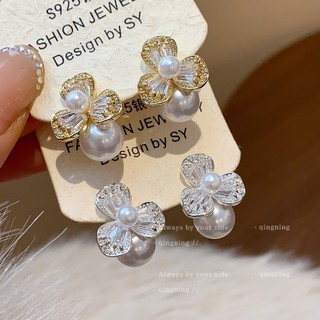 Bộ khuyên tai zircon và ngọc trai nhân tạo phong cách Pháp, thiết kế hoa văn tinh tế, sang trọng