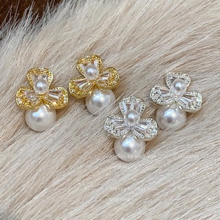 Bộ khuyên tai zircon và ngọc trai nhân tạo phong cách Pháp, thiết kế hoa văn tinh tế, sang trọng