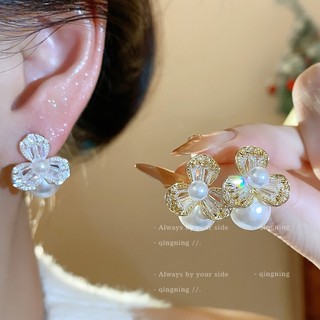 Bộ khuyên tai zircon và ngọc trai nhân tạo phong cách Pháp, thiết kế hoa văn tinh tế, sang trọng