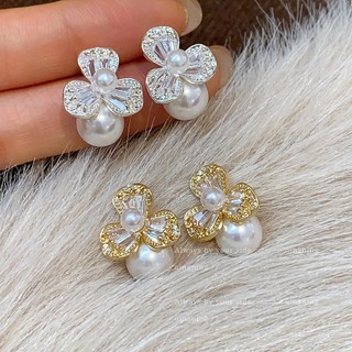 Bộ khuyên tai zircon và ngọc trai nhân tạo phong cách Pháp, thiết kế hoa văn tinh tế, sang trọng