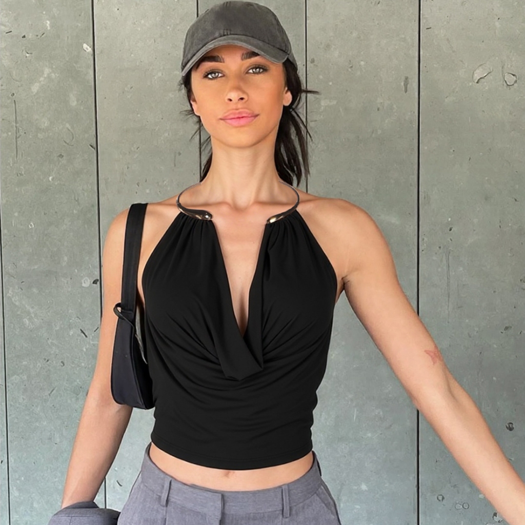 Cutenew Kim Loại Rắn Dây Camisole Nữ Xoay Cổ Thanh Lịch Lưng Xu Hướng Mùa Hè Đi Biển Kỳ Nghỉ Tiệc Clubwear Tank Tops