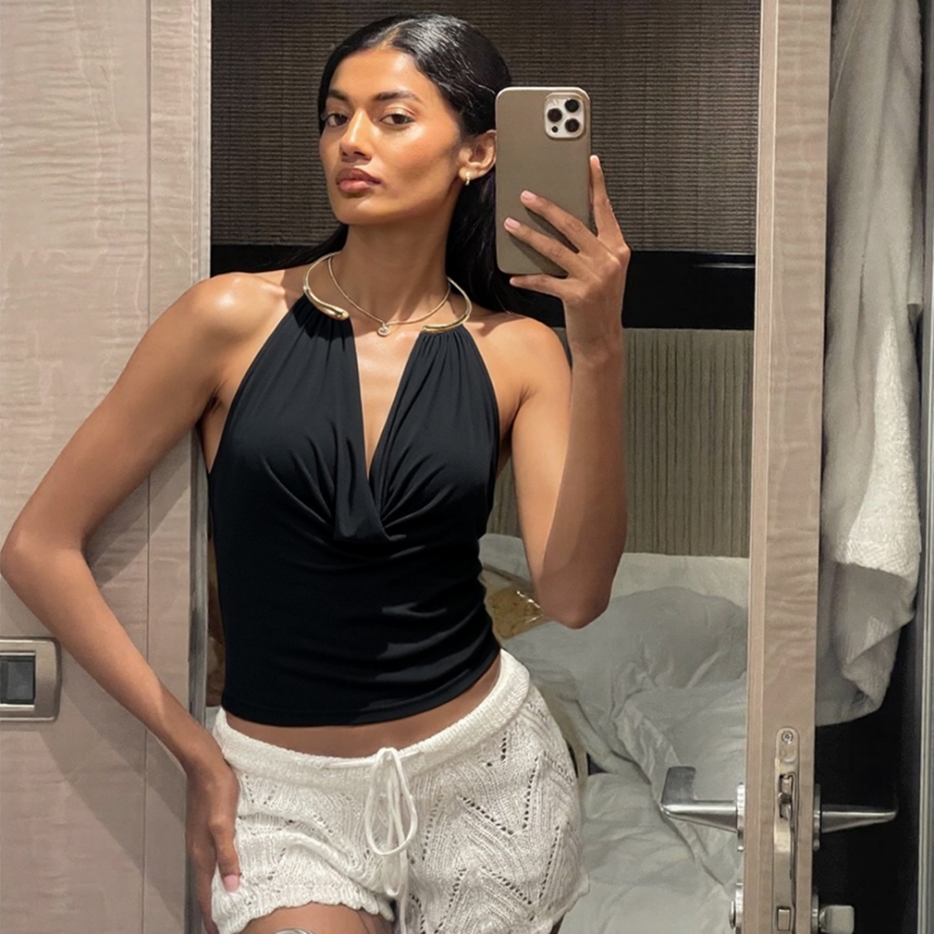 Cutenew Kim Loại Rắn Dây Camisole Nữ Xoay Cổ Thanh Lịch Lưng Xu Hướng Mùa Hè Đi Biển Kỳ Nghỉ Tiệc Clubwear Tank Tops
