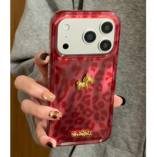 Hàn Quốc 3D Ngựa Vàng Họa Tiết Da Báo Đỏ Hai Lớp Imd Ốp Lưng Điện Thoại iPhone 17Promax 17pro 14 15 16 Pro Max 13 Chống Sốc Nữ Điện Thoại Di Động