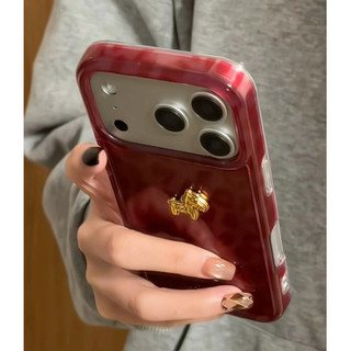 Hàn Quốc 3D Ngựa Vàng Họa Tiết Da Báo Đỏ Hai Lớp Imd Ốp Lưng Điện Thoại iPhone 17Promax 17pro 14 15 16 Pro Max 13 Chống Sốc Nữ Điện Thoại Di Động