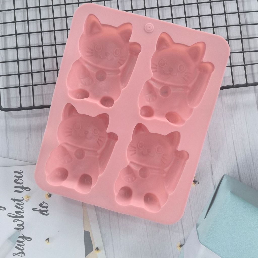 4 Khoang Mèo May Mắn Mô Hình Khuôn Silicon Bánh Sô Cô La Khuôn Nướng Bánh Silicon Khay Đá Khối Khay Thơm Thạch Cao Khuôn Xà Phòng Handmade Khuôn DIY Epoxy