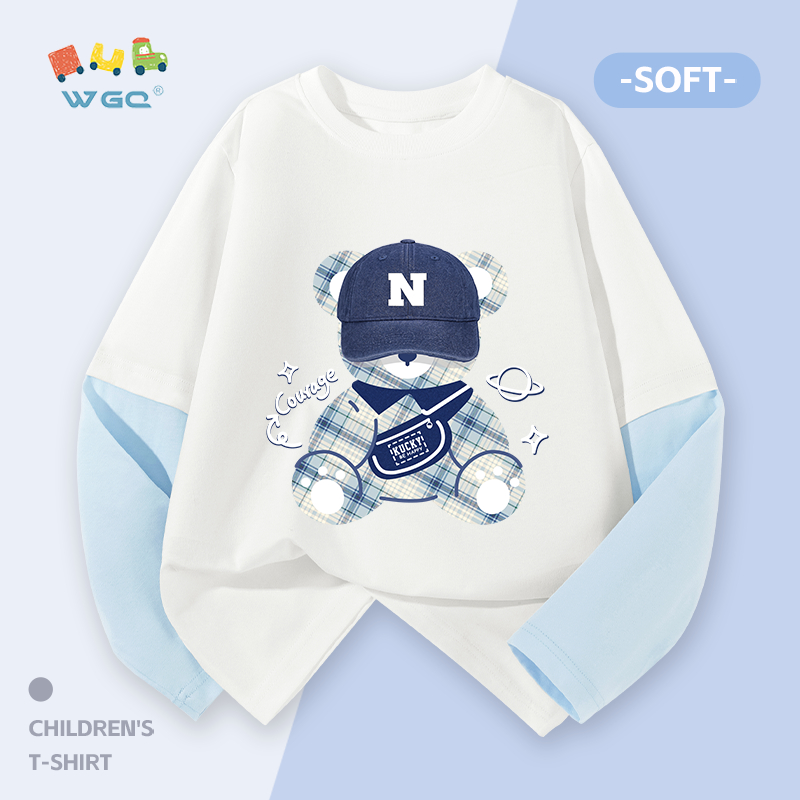 W.G.Q Áo thun dài tay bé trai , vải Cotton 100% mềm mại thoải mái , có in hình gấu