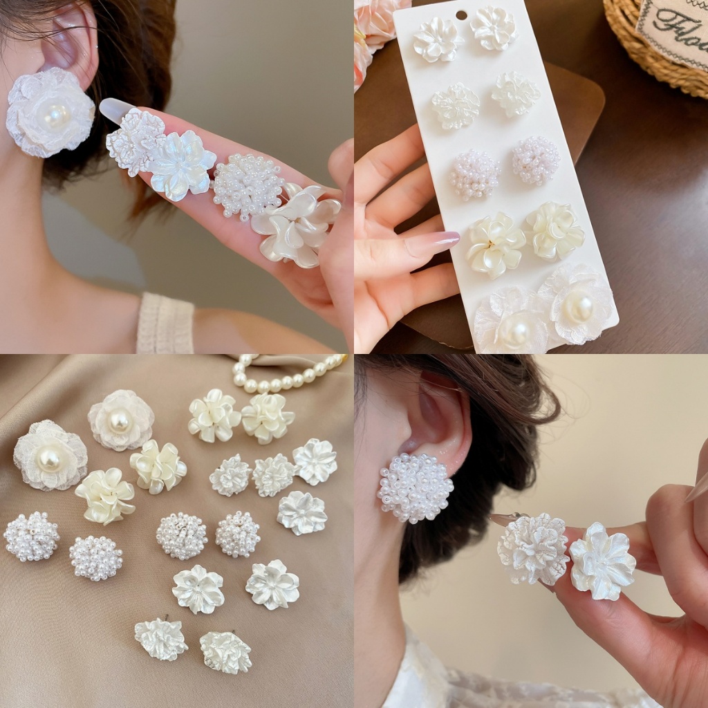 Bộ mười mảnh bông hoa ngọc trai kim bạc thời trang, bông tai phong cách tươi mát và ngọt ngào, bông tai cảm giác thiết kế thích hợp dành cho nữ