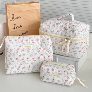 Túi mỹ phẩm nơ hoa hồng vải mềm in đồng quê ngọt ngào dễ thương khóa kéo tắm du lịch nhà ở