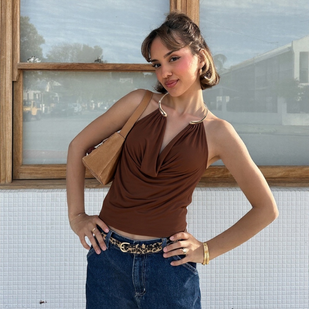 Cutenew Kim Loại Rắn Dây Camisole Nữ Xoay Cổ Thanh Lịch Lưng Xu Hướng Mùa Hè Đi Biển Kỳ Nghỉ Tiệc Clubwear Tank Tops
