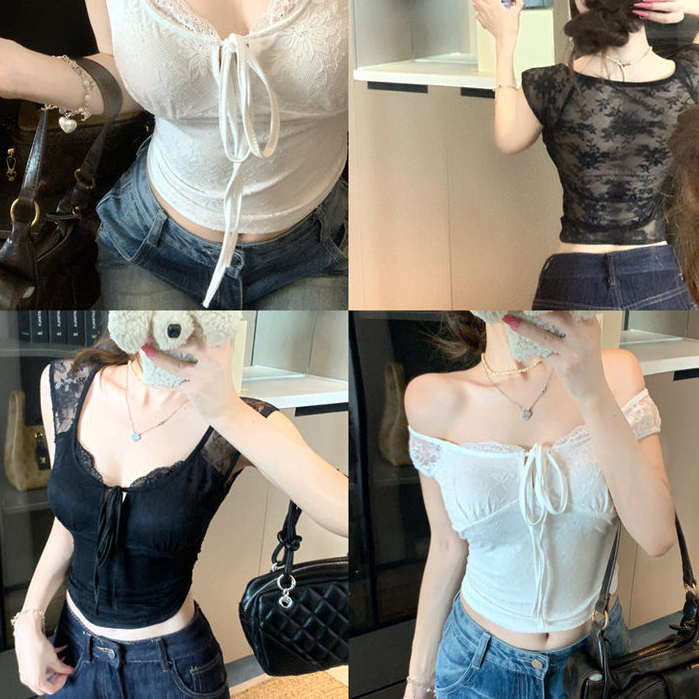 Ren Khâu Nguyên Chất Desire Phong Cách Ren-Up Camisole Nữ Áo Đen