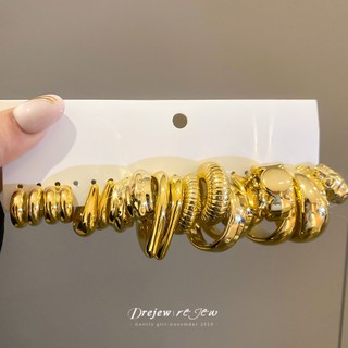 DREJEW Bộ Bông Tai Kết Cấu Vàng Nữ Vòng Bông Tai & Nhẫn Thời Trang Hàng Ngày Hợp Thời Trang Phụ Kiện Thời Trang