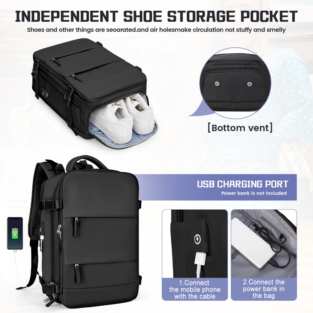 [SẴN HÀNG] Balo Du Lịch Đa Năng Mở 180 Độ Như Vali, Có Ngăn Đựng Giày & Cổng Sạc USB, Balo Laptop Chống Nước Bền Bỉ