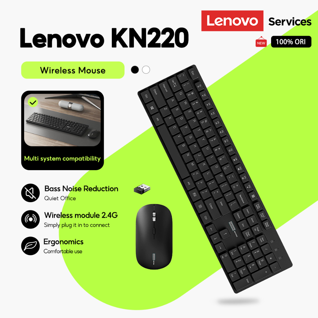 Bộ bàn phím và chuột văn phòng chống nước và chống bụi không dây Lenovo KN220 2.4G
