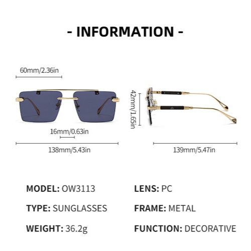 Kính râm vuông hai mũi unisex không khung, màu sắc đại dương cá nhân hóa