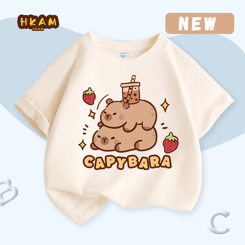 HKAM Áo thun bé gái Áo thun trẻ em Cotton mềm mại thoải mái, in hình capybara