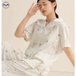 Phong cách Nhật Bản Muji Style / Nữ Lily of the Valley Cotton nguyên chất Quần ngắn tay mỏng / Họa tiết dễ thương Quần dài đến mắt cá chân / Bộ đồ ngắn tay có thể mặc bên ngoài thoải mái ngọt ngào / 1