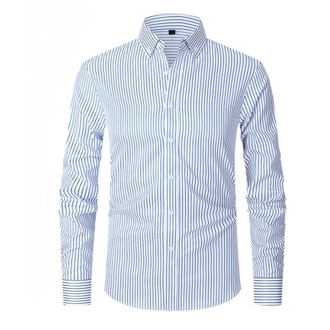 Áo sơ mi nam trắng dài tay màu xanh sọc, chất liệu cotton, phù hợp công sở