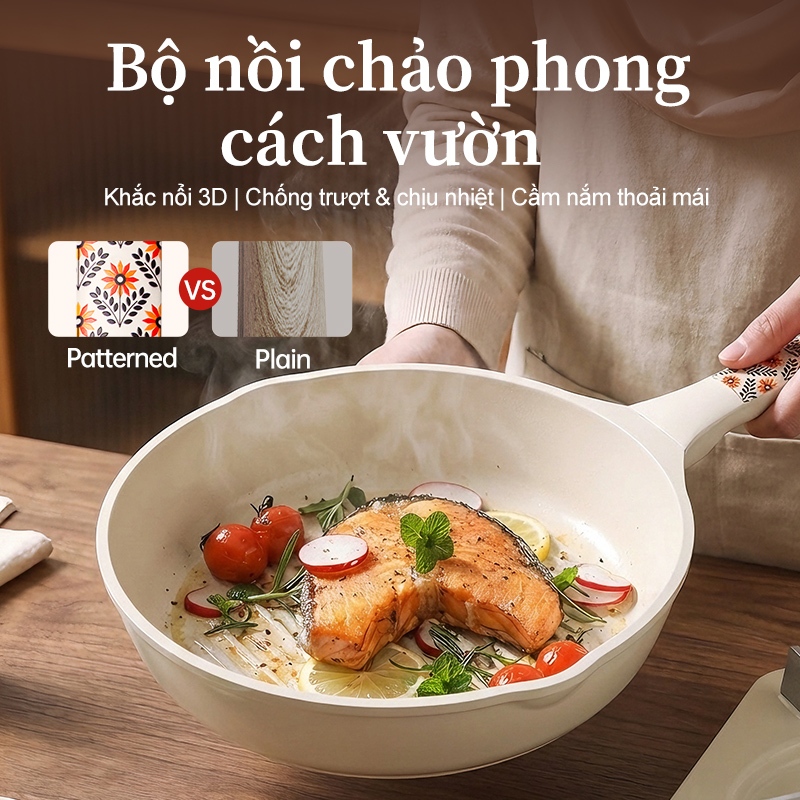 TJean Bộ bốn mảnh gốm họa tiết chống dính  (7 chiếc) Thích hợp cho tất cả các bếp