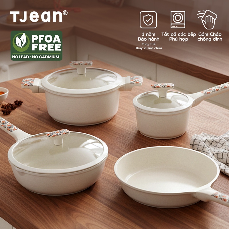 TJean Bộ bốn mảnh gốm họa tiết chống dính  (7 chiếc) Thích hợp cho tất cả các bếp