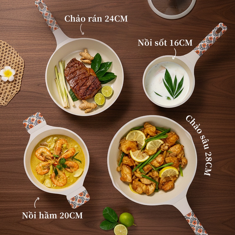 TJean Bộ bốn mảnh gốm họa tiết chống dính  (7 chiếc) Thích hợp cho tất cả các bếp