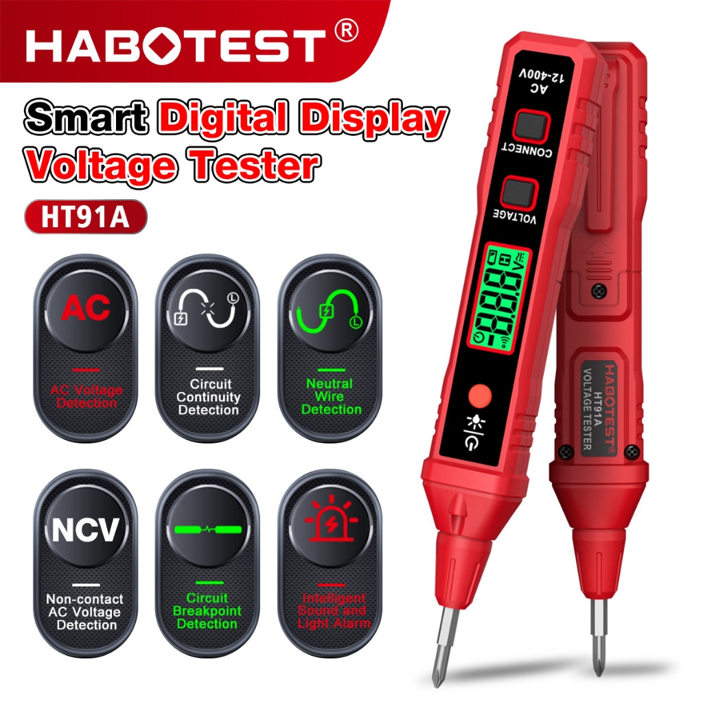 (Bảo Hàng 1 Năm)HABOTEST HT91A Bút kiểm tra điện áp NCV AC 12 ~ 400V có màn hình LCD đèn nền dành cho dây điện