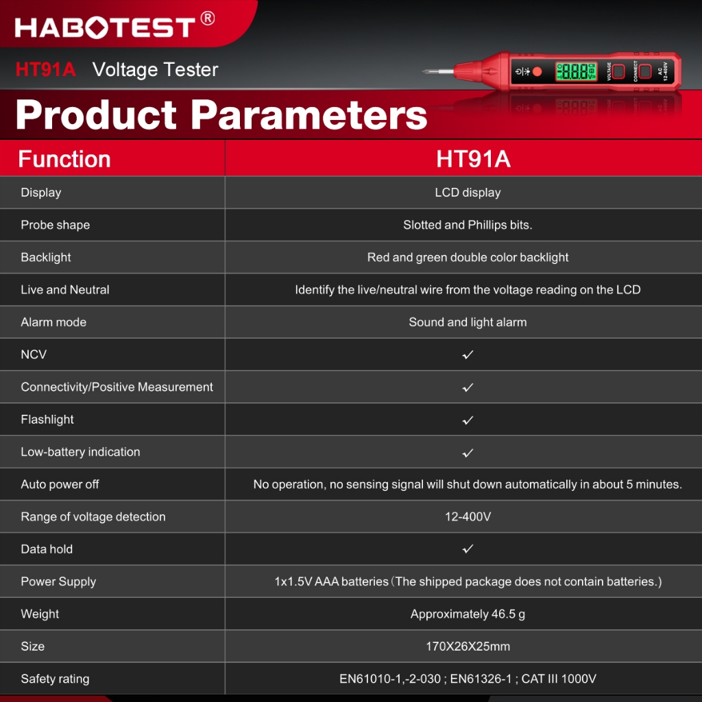 (Bảo Hàng 1 Năm)HABOTEST HT91A Bút kiểm tra điện áp NCV AC 12 ~ 400V có màn hình LCD đèn nền dành cho dây điện