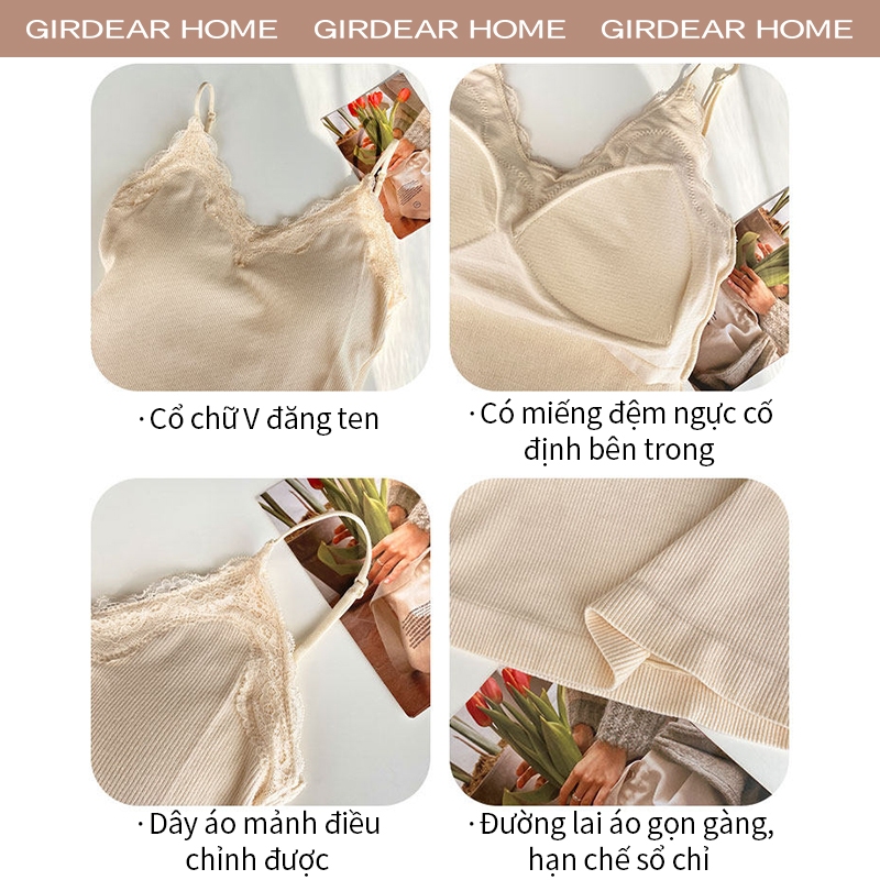Girdear Home Phong Cách Hàn Quốc Áo hai dây ren quyến rũ thời trang nữ cổ chữ V không tay có đệm, GH70
