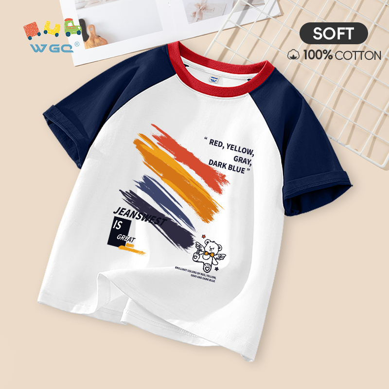 W.G.Q Áo thun bé trai / bé gái , thiết kế màu sắc tương phản bằng vải Cotton nguyên chất, mềm mại thoải mái khi in hình cầu vồng