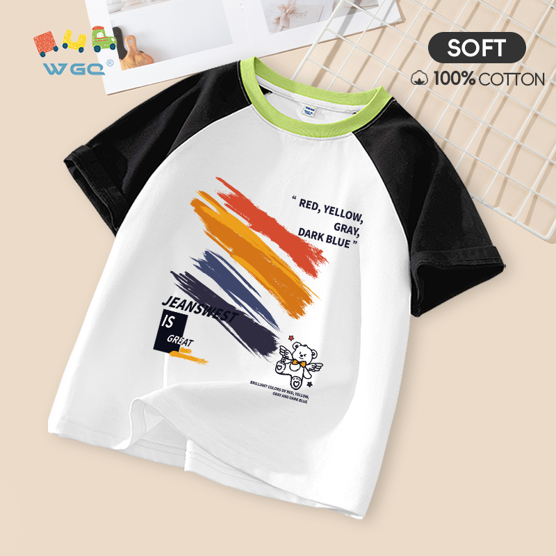 W.G.Q Áo thun bé trai / bé gái , thiết kế màu sắc tương phản bằng vải Cotton nguyên chất, mềm mại thoải mái khi in hình cầu vồng