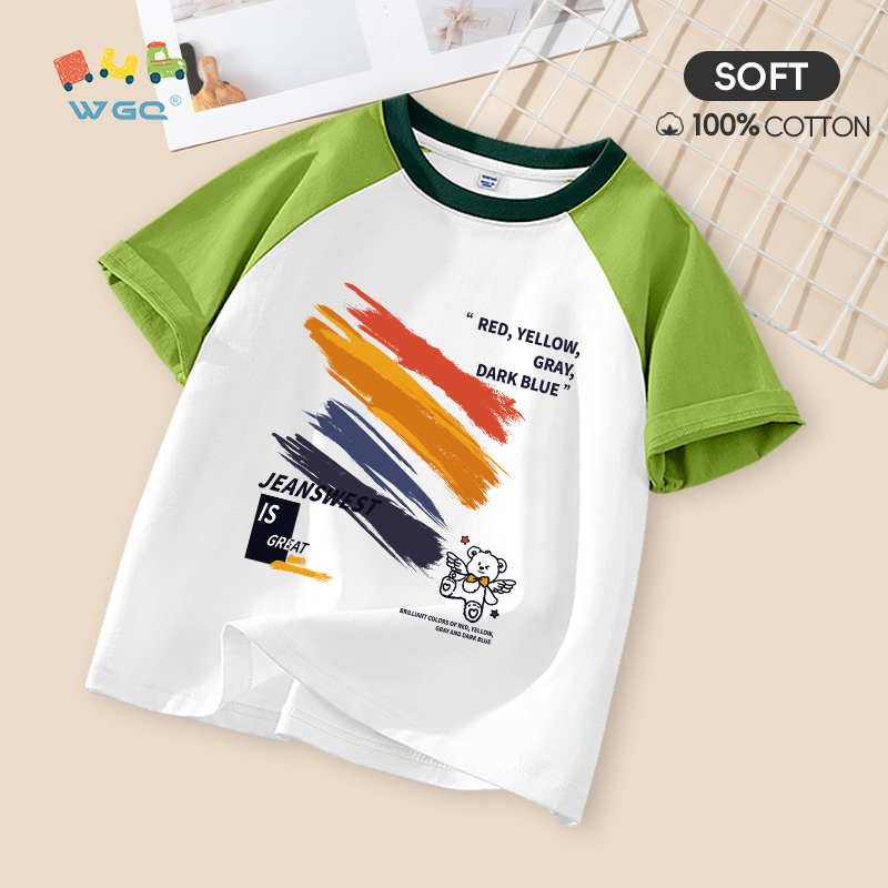 W.G.Q Áo thun bé trai / bé gái , thiết kế màu sắc tương phản bằng vải Cotton nguyên chất, mềm mại thoải mái khi in hình cầu vồng