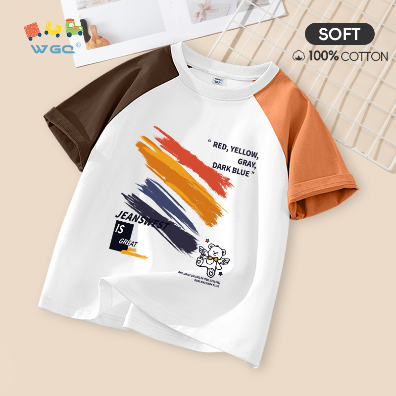 W.G.Q Áo thun bé trai / bé gái , thiết kế màu sắc tương phản bằng vải Cotton nguyên chất, mềm mại thoải mái khi in hình cầu vồng