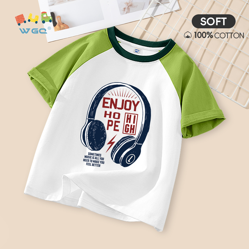 W.G.Q Áo thun bé trai / bé gái , thiết kế màu sắc tương phản bằng vải Cotton nguyên chất, mềm mại thoải mái khi in tai nghe