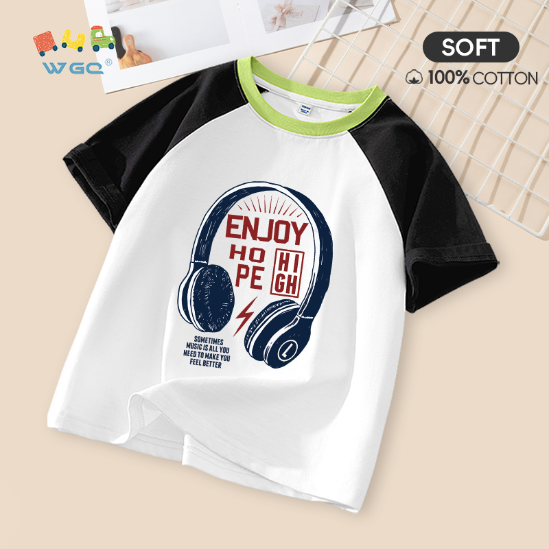W.G.Q Áo thun bé trai / bé gái , thiết kế màu sắc tương phản bằng vải Cotton nguyên chất, mềm mại thoải mái khi in tai nghe