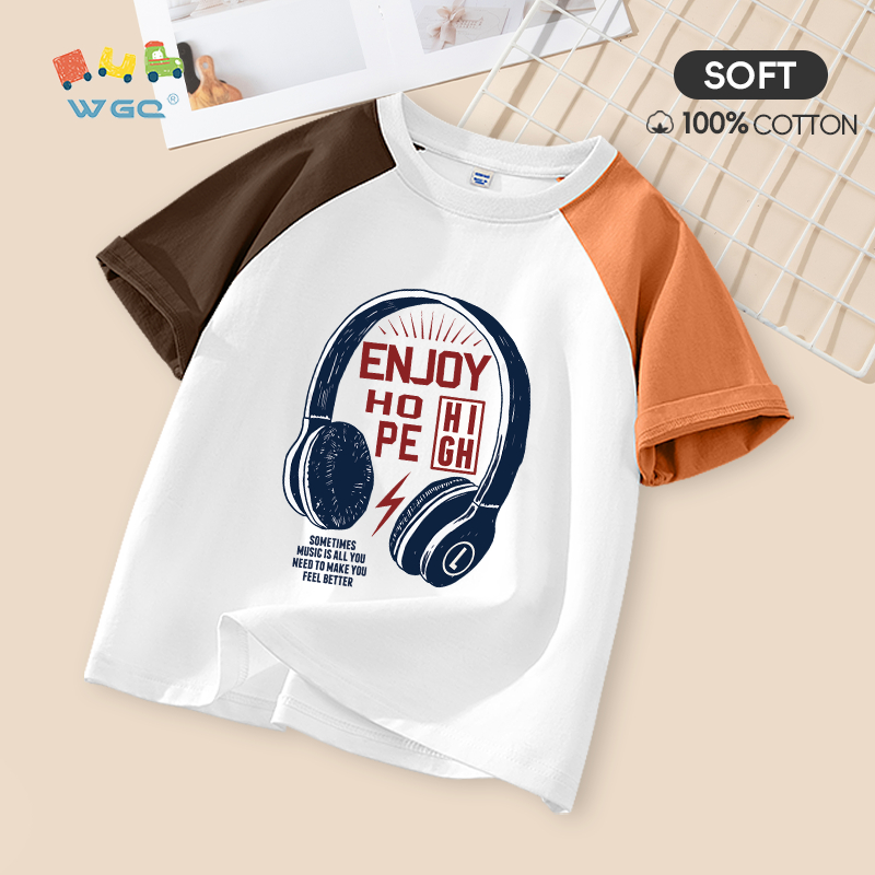 W.G.Q Áo thun bé trai / bé gái , thiết kế màu sắc tương phản bằng vải Cotton nguyên chất, mềm mại thoải mái khi in tai nghe