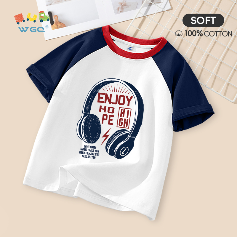 W.G.Q Áo thun bé trai / bé gái , thiết kế màu sắc tương phản bằng vải Cotton nguyên chất, mềm mại thoải mái khi in tai nghe