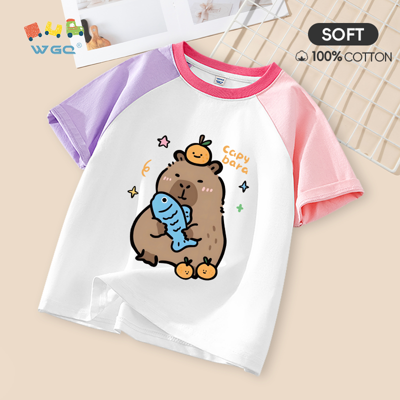 W.G.Q Áo thun bé trai / bé gái , thiết kế màu sắc tương phản bằng vải Cotton nguyên chất, mềm mại thoải mái với in capybara
