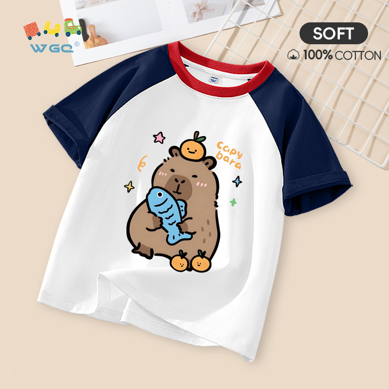 W.G.Q Áo thun bé trai / bé gái , thiết kế màu sắc tương phản bằng vải Cotton nguyên chất, mềm mại thoải mái với in capybara