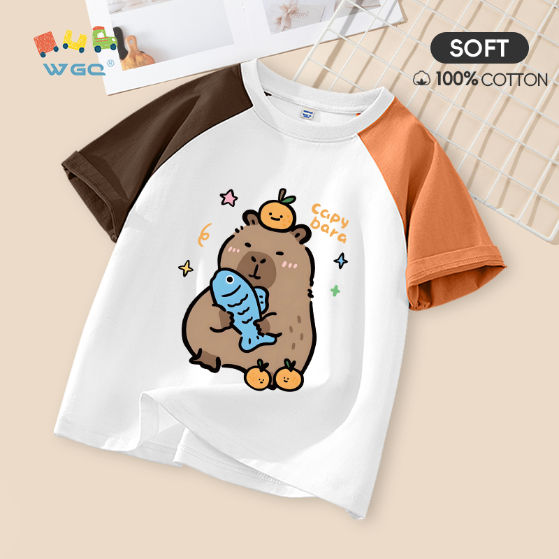 W.G.Q Áo thun bé trai / bé gái , thiết kế màu sắc tương phản bằng vải Cotton nguyên chất, mềm mại thoải mái với in capybara