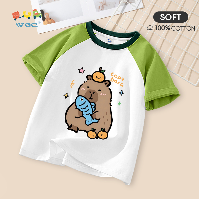 W.G.Q Áo thun bé trai / bé gái , thiết kế màu sắc tương phản bằng vải Cotton nguyên chất, mềm mại thoải mái với in capybara