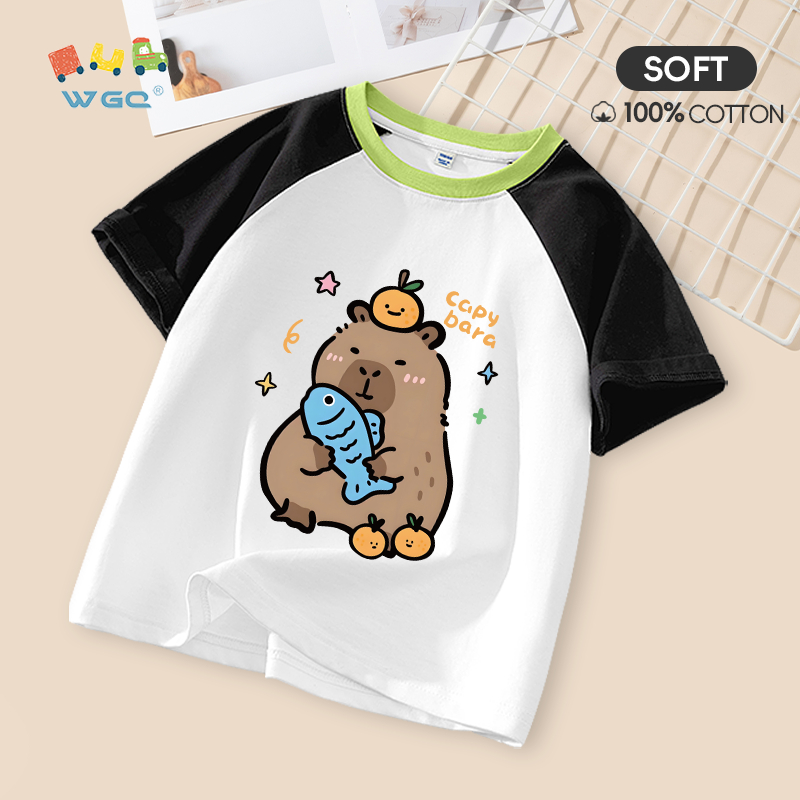W.G.Q Áo thun bé trai / bé gái , thiết kế màu sắc tương phản bằng vải Cotton nguyên chất, mềm mại thoải mái với in capybara
